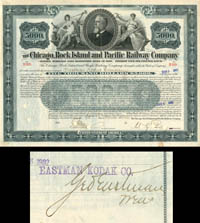 George Eastman signed Chicago, Rock Island and Pacific Railway $5,000 Bond